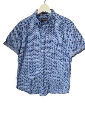 Johnston & Murphy Slim Fit Shark Print Short Sleeve Shirt M 100% Cotton Blue